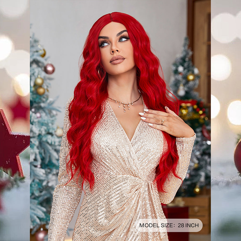 [S45]synthetic wave hair RED color long hair wig