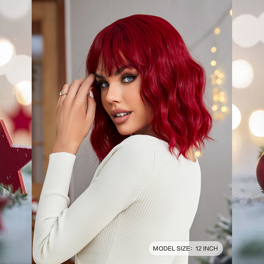 [S39]synthetic wavy wig with bangs  red color hair  shoulder length wigs for women cosplay hair wig