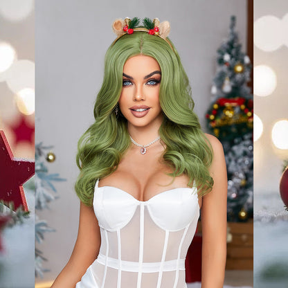 [S43]synthetic curly hair green color long hair wig