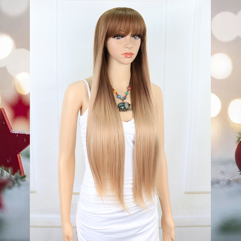 [S30]synthetic hair straight with bang light brown color  long hair wig