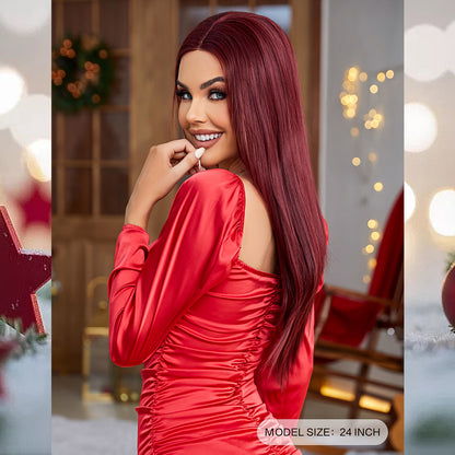 [S41]synthetic hair straight 99J RED color long hair wig