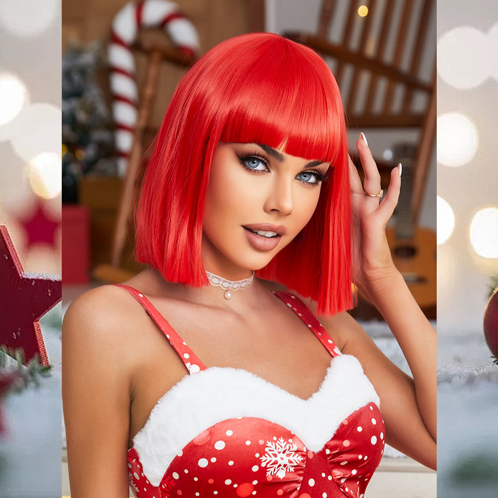 [S42]synthetic hair with bangs straight bob RED color short hair wig