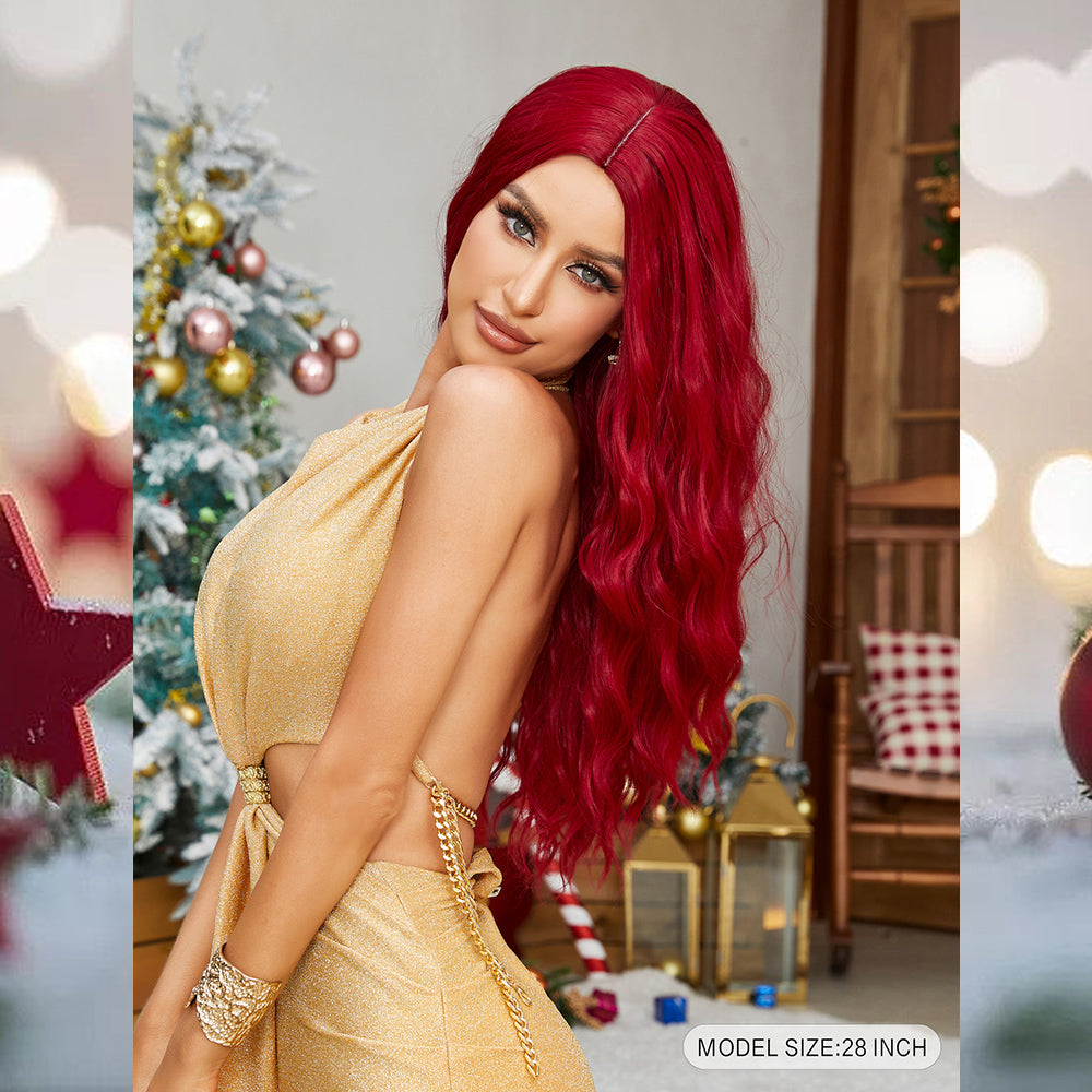 [S34]synthetic hair curly red color long hair wig