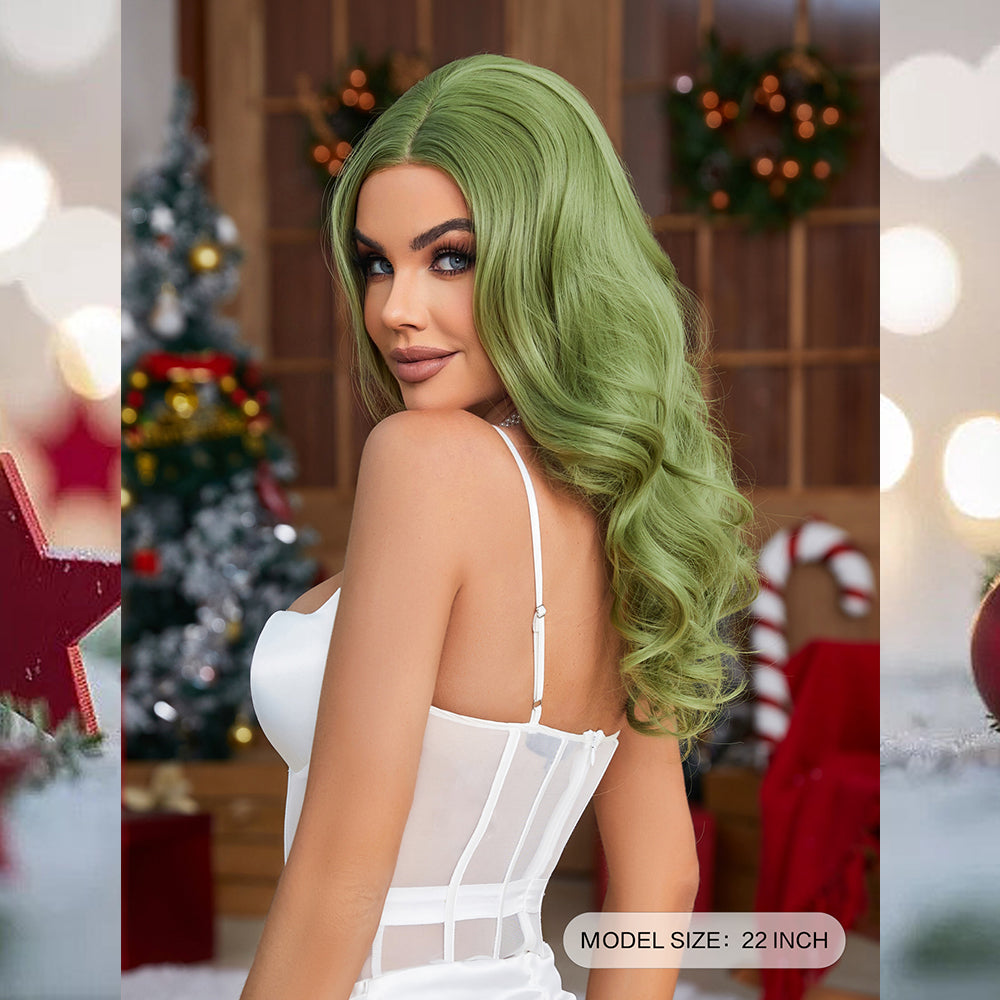 [S43]synthetic curly hair green color long hair wig