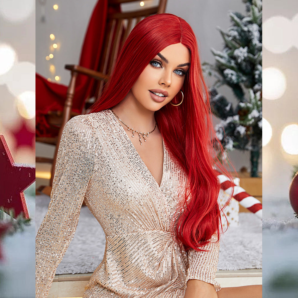 [S44]synthetic hair straight RED color long hair wig