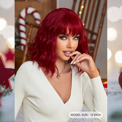 [S39]synthetic wavy wig with bangs  red color hair  shoulder length wigs for women cosplay hair wig