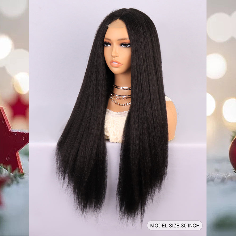 [S35]synthetic hair yaki straight black color long hair wig