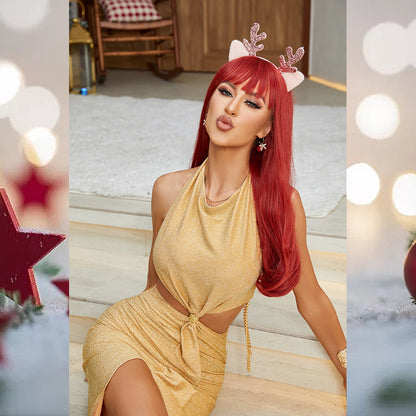 [S31]synthetic hair straight with bang red color  long hair wig