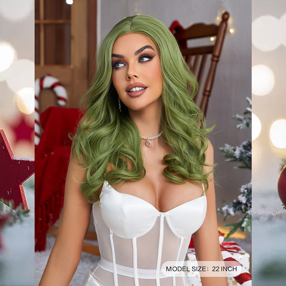 [S43]synthetic curly hair green color long hair wig