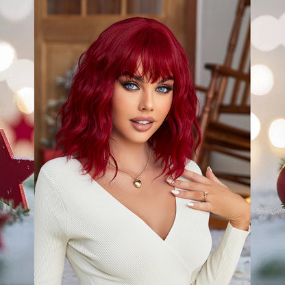 [S39]synthetic wavy wig with bangs  red color hair  shoulder length wigs for women cosplay hair wig