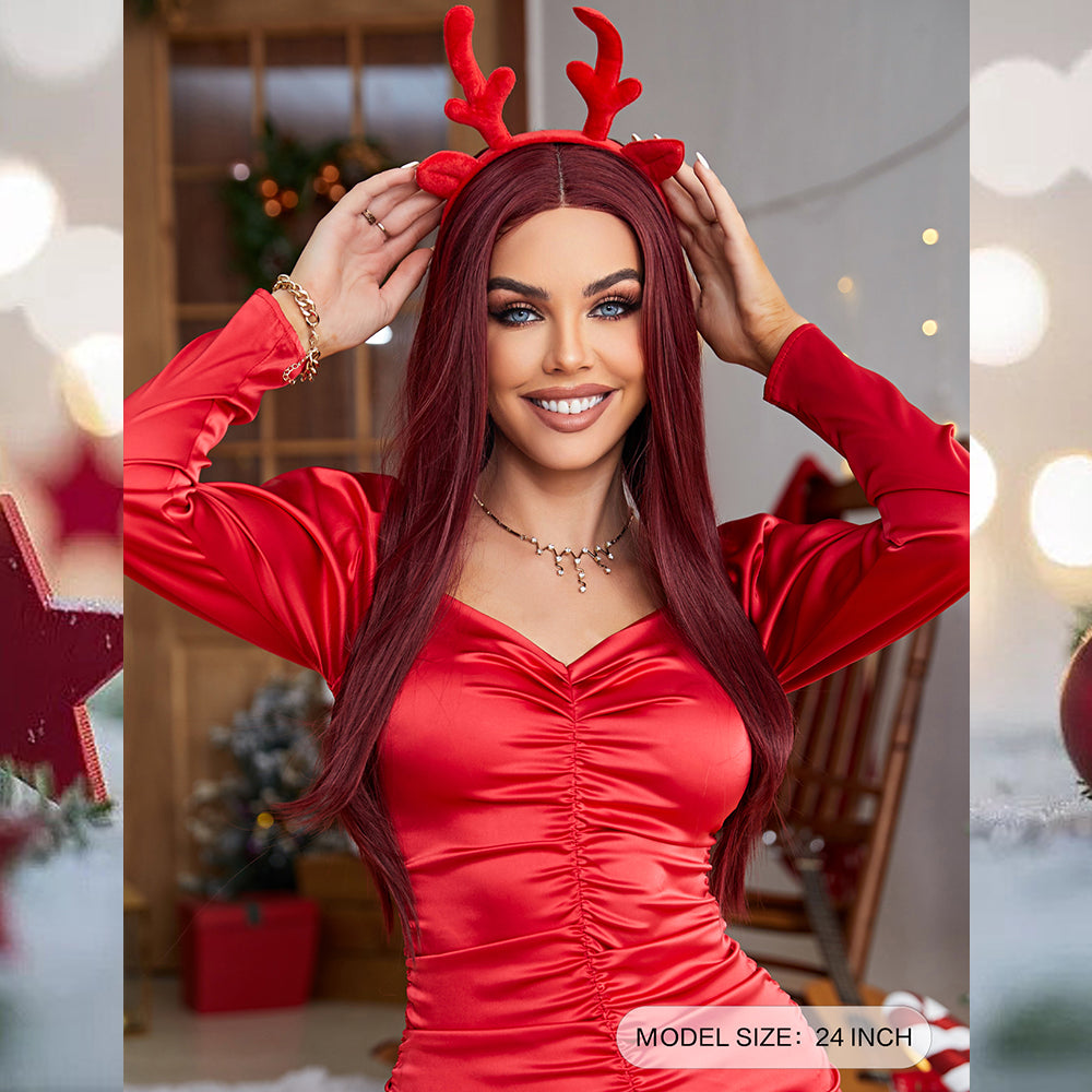 [S41]synthetic hair straight 99J RED color long hair wig