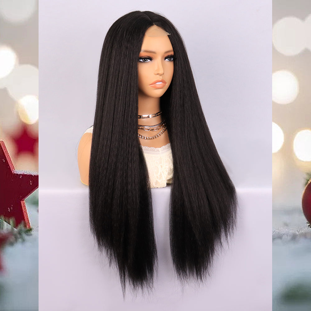 [S35]synthetic hair yaki straight black color long hair wig