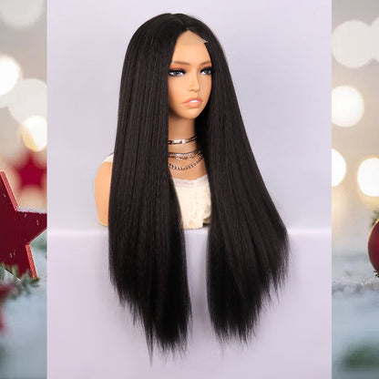 [S35]synthetic hair yaki straight black color long hair wig