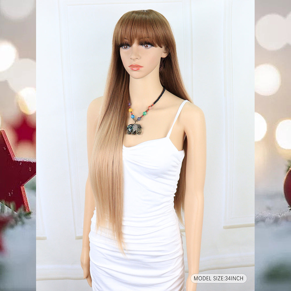 [S30]synthetic hair straight with bang light brown color  long hair wig