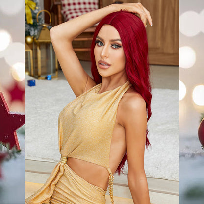 [S34]synthetic hair curly red color long hair wig