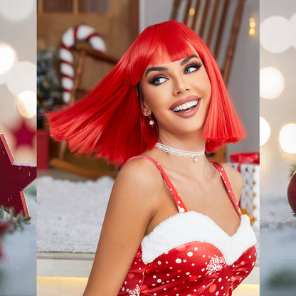 [S42]synthetic hair with bangs straight bob RED color short hair wig