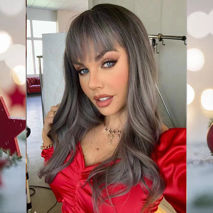 [S46]synthetic wave hair gray color long hair wig