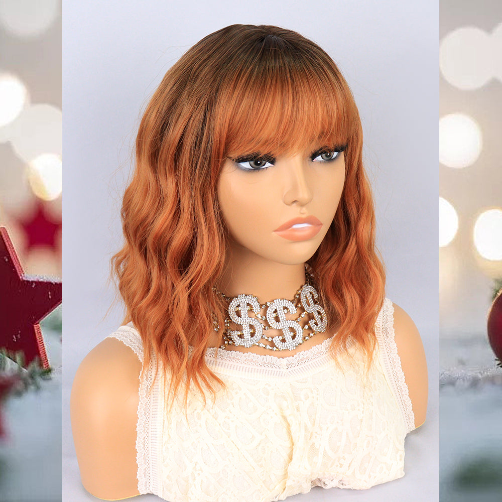 [S33]synthetic wavy wig with bangs ombre #350 color hair  shoulder length wigs for women cosplay hair wig