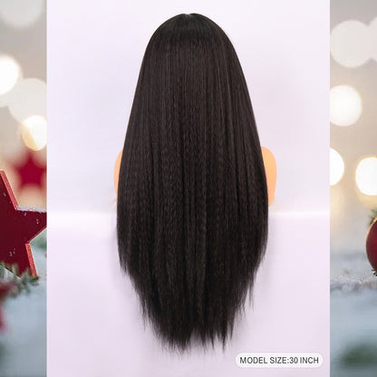 [S35]synthetic hair yaki straight black color long hair wig