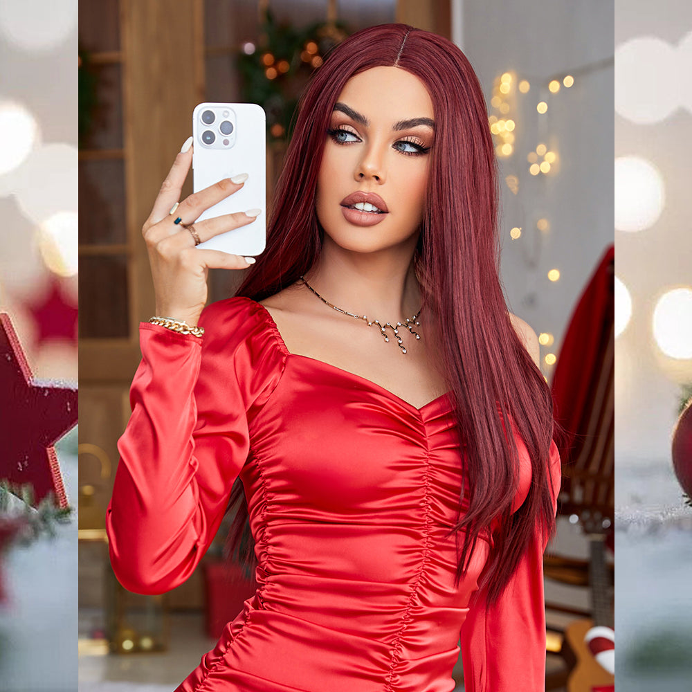 [S41]synthetic hair straight 99J RED color long hair wig