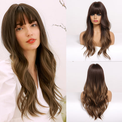 [s85]Drak brown long curly with bangs synthetic wig