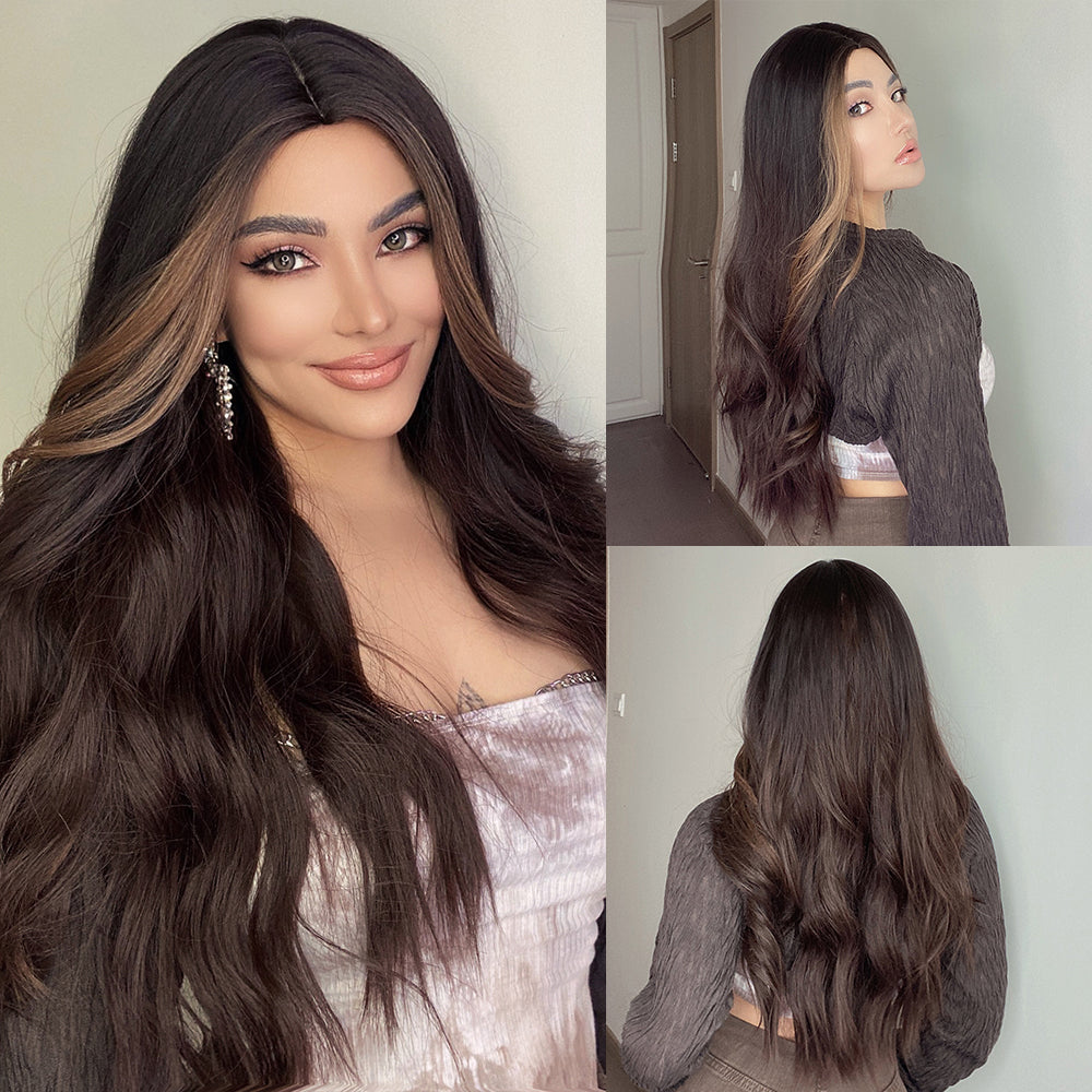 [s97]Long Curly wig dark brown synthetic hair wig