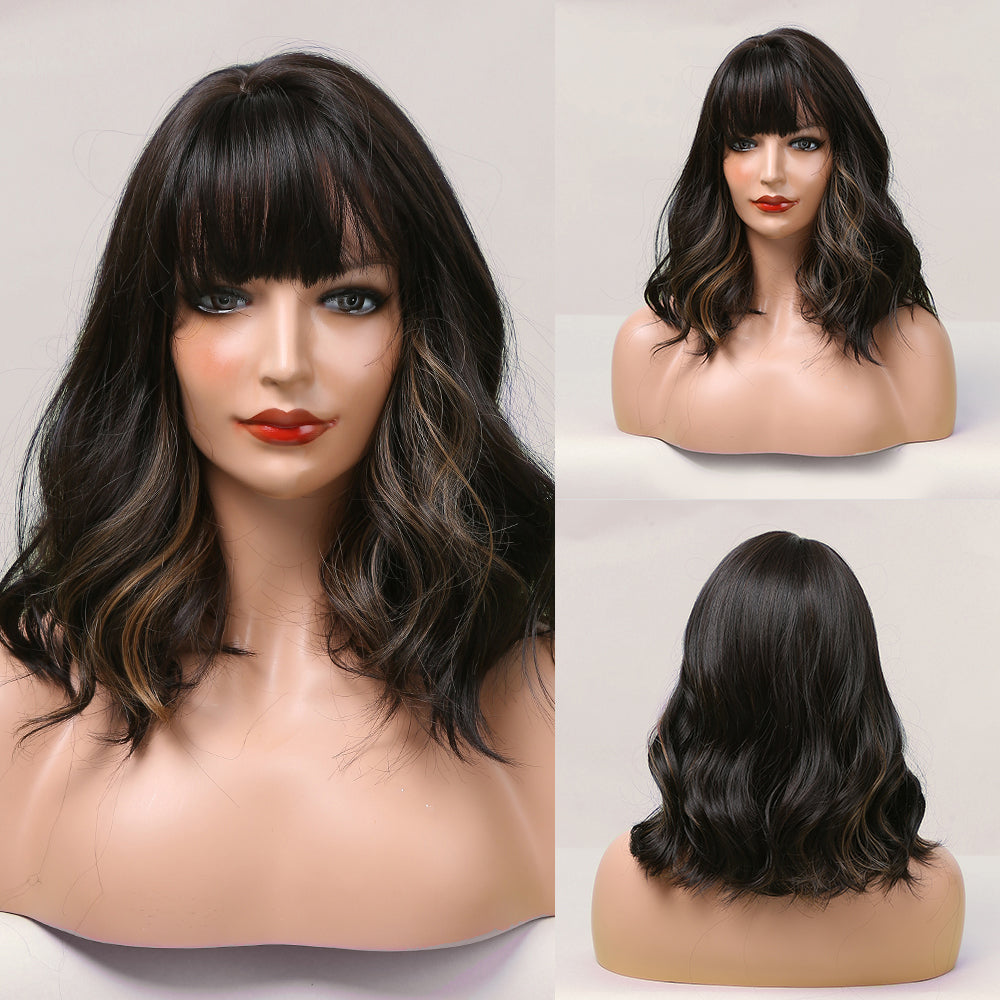 [s90]Sybthetic hair short curly with bangs bob hair wig