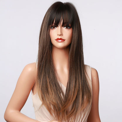 [s93]Sybthetic hair long straight with bangs brown hair wig