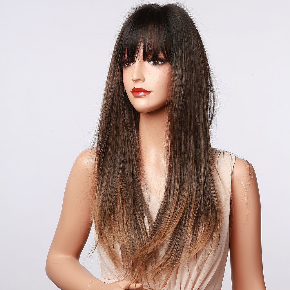 [s93]Sybthetic hair long straight with bangs brown hair wig