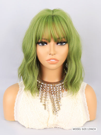 [S76]Synthetic wavy wig with bangs green color hair Wig