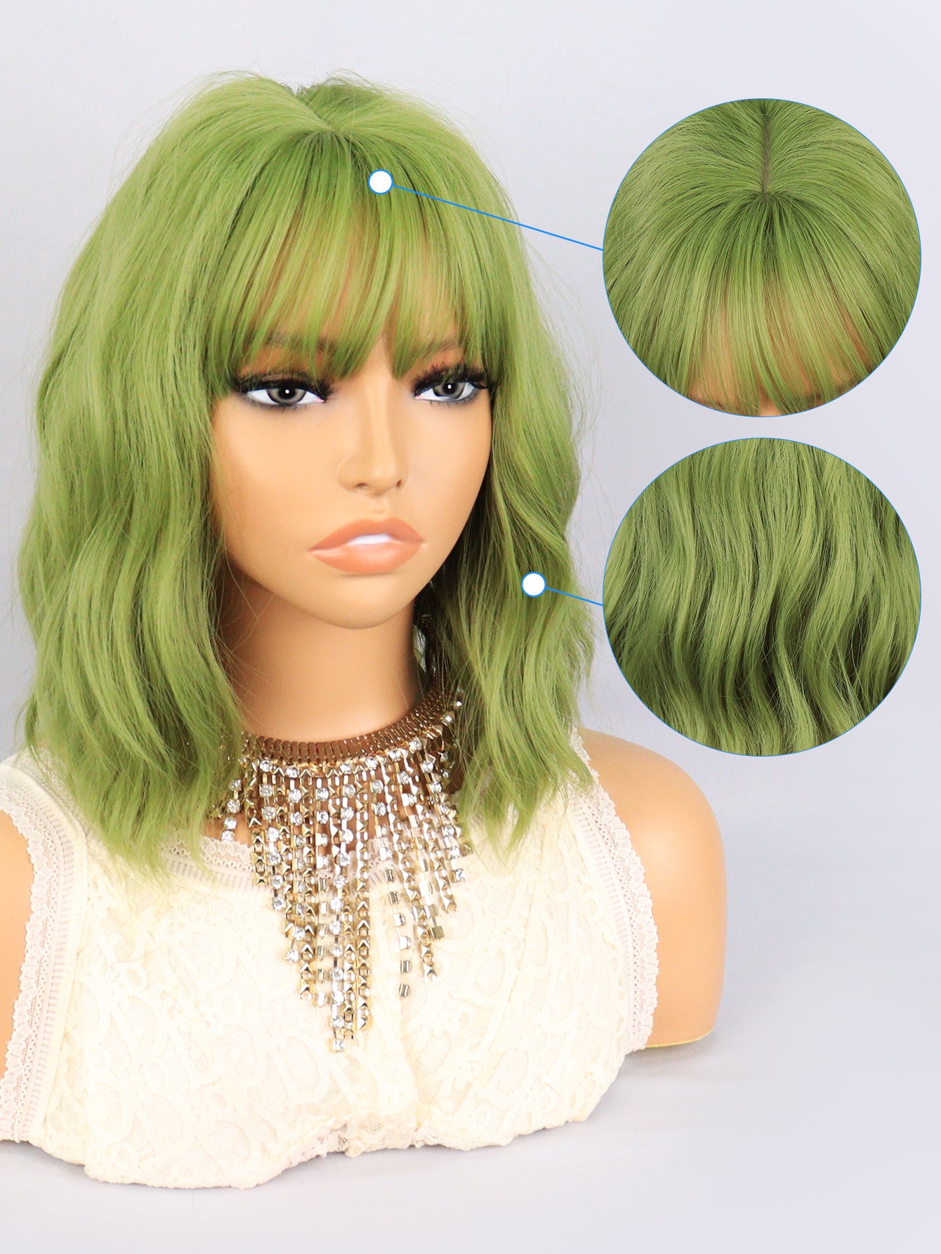 [S76]Synthetic wavy wig with bangs green color hair Wig