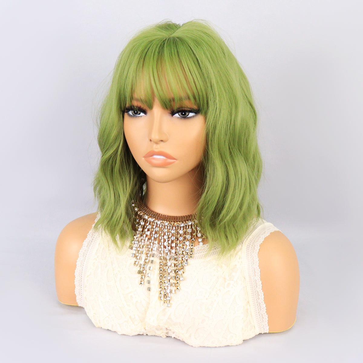 [S76]Synthetic wavy wig with bangs green color hair Wig