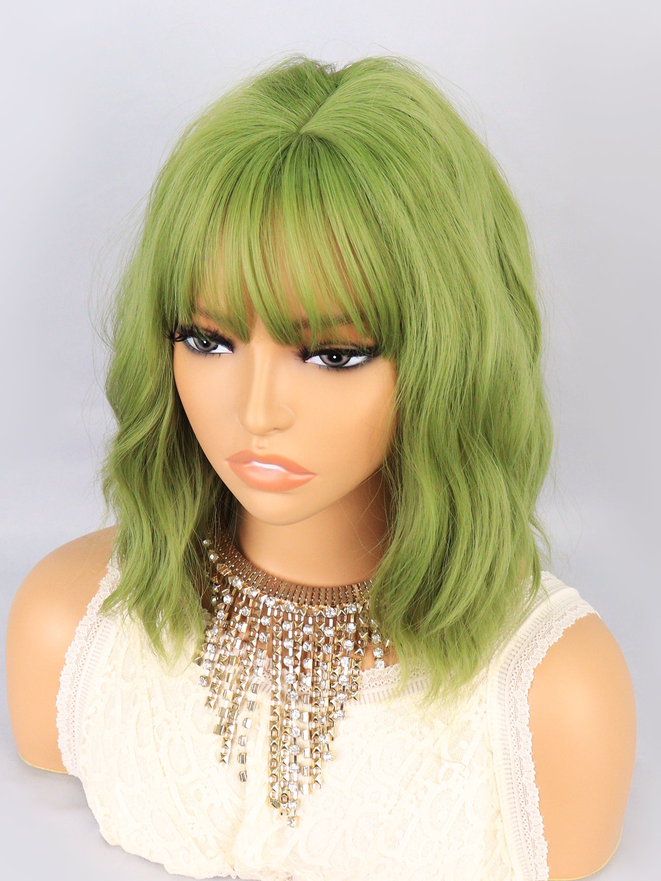 [S76]Synthetic wavy wig with bangs green color hair Wig