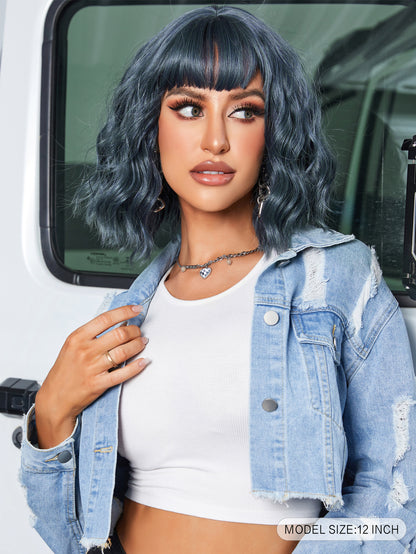 [S75]Synthetic wavy wig with bangs blue color hair Wig