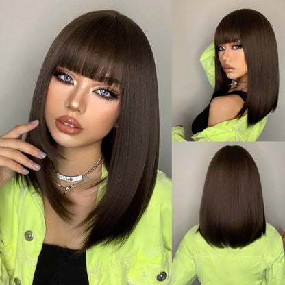 [s92]Sybthetic hair short straight with bangs bob brown hair wig