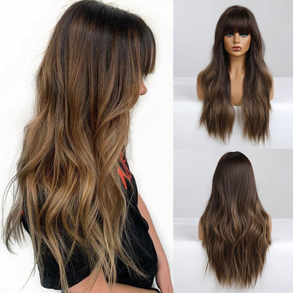 [s98]Sybthetic hair long straight with bangs brown hair wig