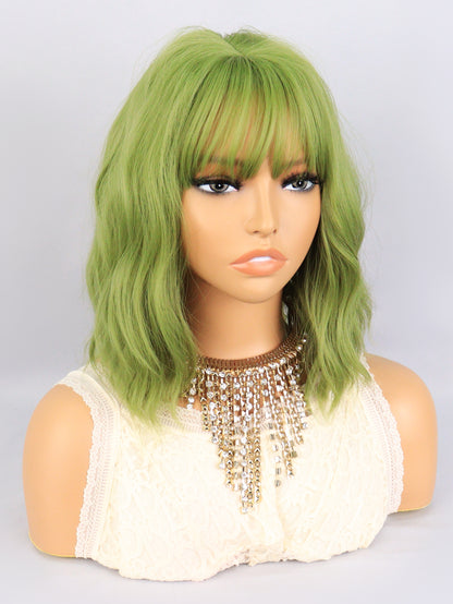 [S76]Synthetic wavy wig with bangs green color hair Wig